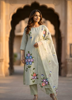 Granite Green Printed Roman Silk Kurta and Pant Set with Dupatta