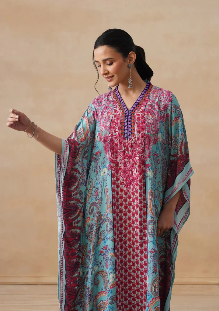 HOC Crepe Chikankari Printed Straight Women's Long Kaftan-Blue