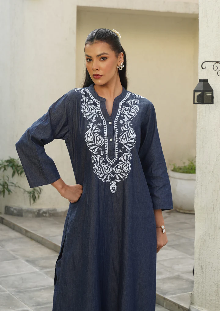 HOC Chambray Denim Chikankari Solid Women's Long Kurta Set - Dark Blue