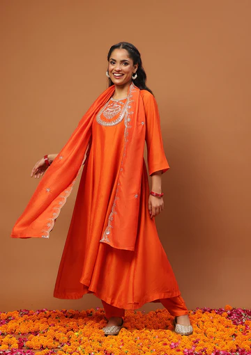 HOC Silk Blend Zari Embroidered With Sequins Solid Women's 3PC Anarkali Kurta Set-Orange
