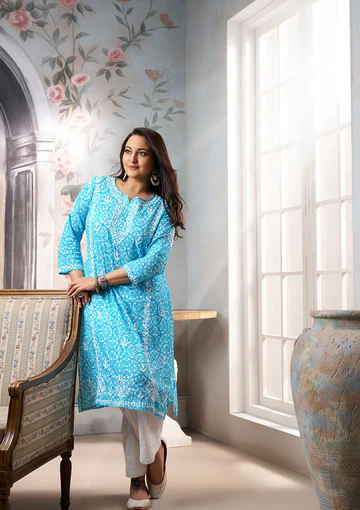 Sona Chikankari Printed Mulmul Straight Kurta