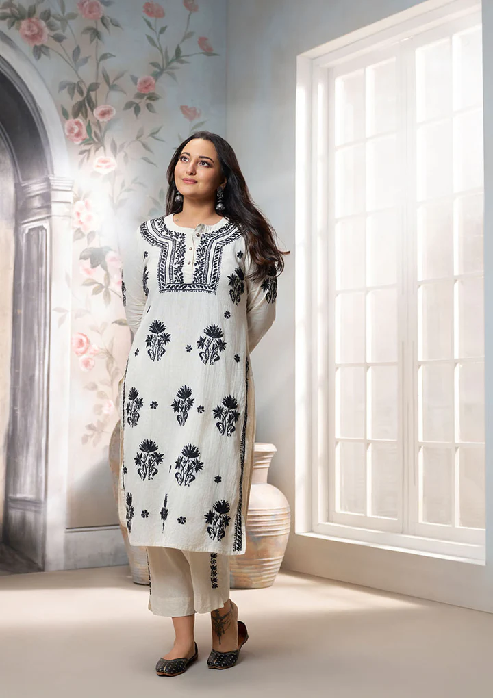 Sona Chikankari Solid Cotton Linen Women's 2PC Long Kurta Set - Off White